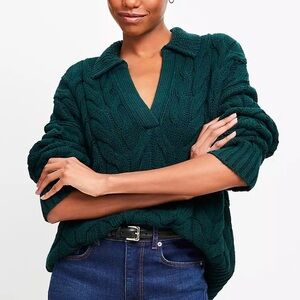 Loft Collared Split Neck Chunky Cable Knit Green Fisherman Sweater Shirt XXS